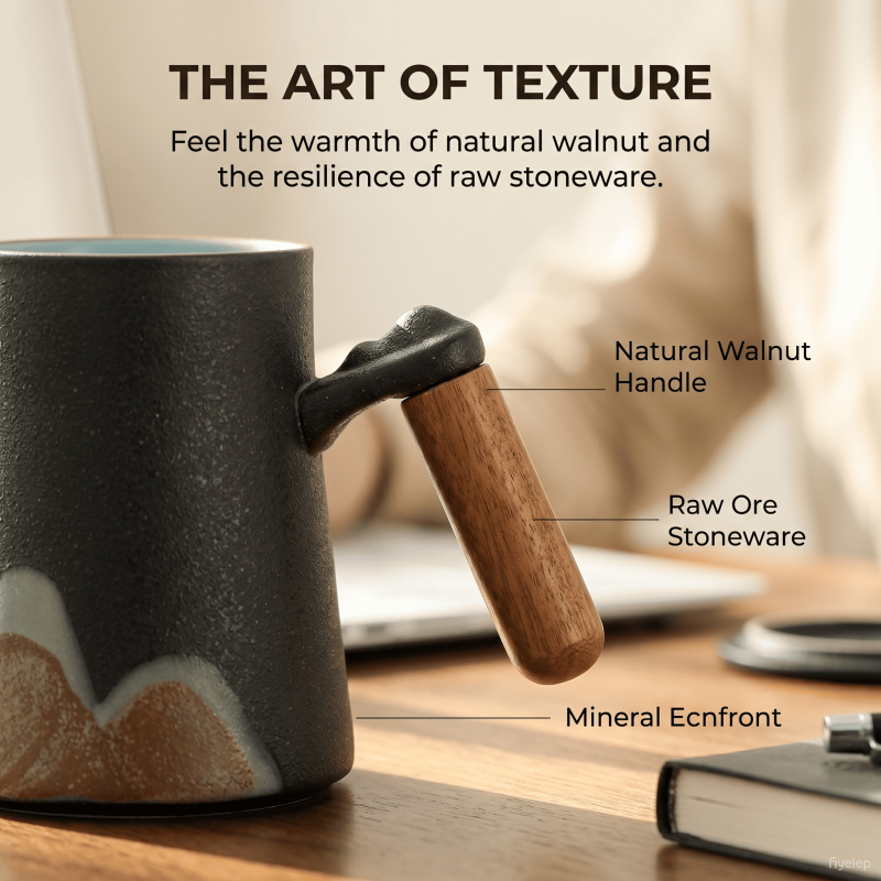 A Thousand Li of Rivers and Mountains   Raw ore stoneware Natural walnut handle Dehua porcelain