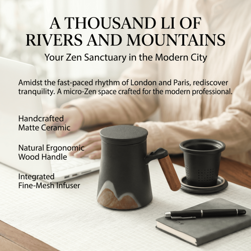 A Thousand Li of Rivers and Mountains   Raw ore stoneware Natural walnut handle Dehua porcelain 