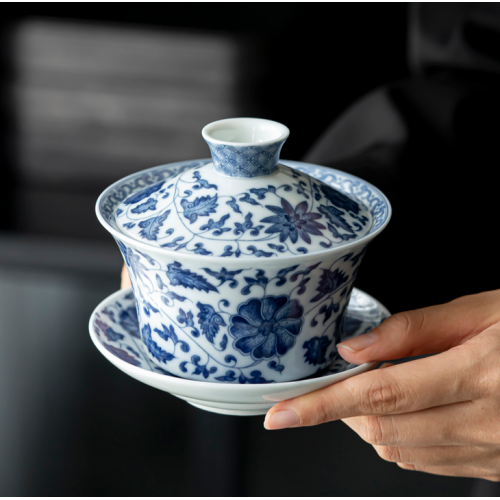 Handcrafted The Blue-Green Prosperous Era Eight-Treasure gaiwan  Dehua porcelain Collection