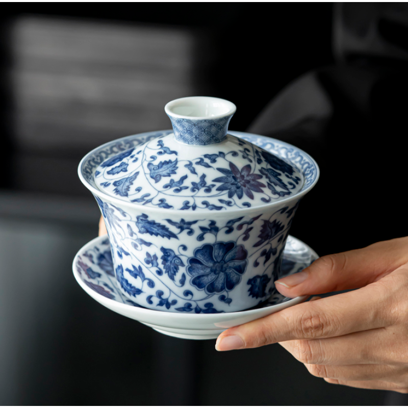 Handcrafted The Blue-Green Prosperous Era Eight-Treasure gaiwan  Dehua porcelain Collection 