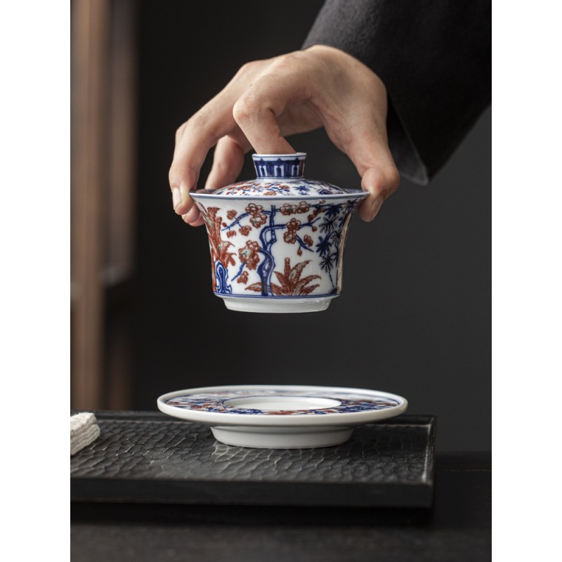 Handcrafted Pine Bamboo and Plum Pattern gaiwan  Dehua porcelain Collection 