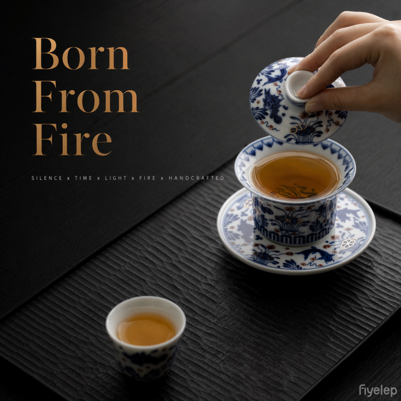 Handcrafted Horse-hoof-shaped bowl with a pattern gaiwan  Dehua porcelain Collection 