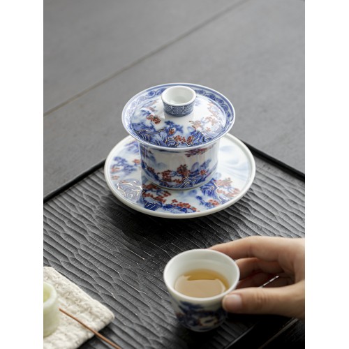 Handcrafted blue-and-white landscape gaiwan  Dehua porcelain Collection