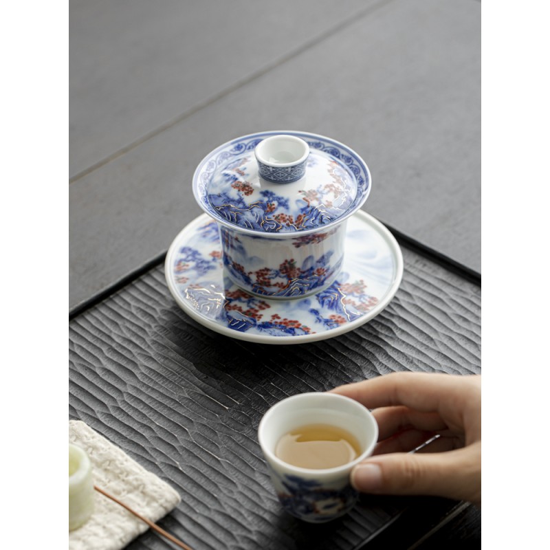 Handcrafted blue-and-white landscape gaiwan  Dehua porcelain Collection 
