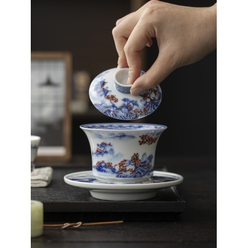 Handcrafted blue-and-white landscape gaiwan  Dehua porcelain Collection