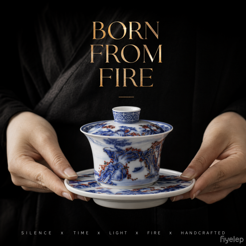 Handcrafted blue-and-white landscape gaiwan  Dehua porcelain Collection 