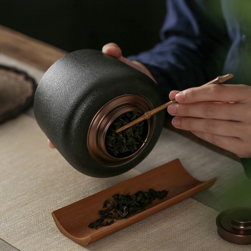 Handcrafted black pottery Tea canister in a natural  colorful design  Dehua porcelain Collection