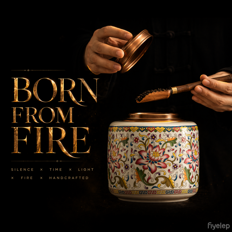 Hand-drawn enamel tea jar with a decorative Fu Yun patternTea canister  Dehua porcelain Collection 