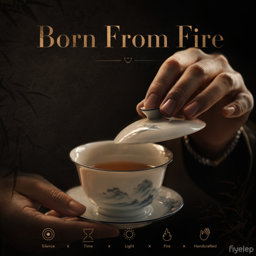 Bai Ru's hand-drawn depiction of distant mountains  a symbol of good fortune gaiwan Dehua porcelain Collection  
