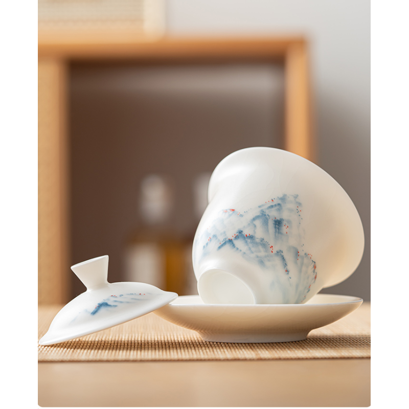 Bai Ru's hand-drawn depiction of distant mountains  a symbol of good fortune gaiwan Dehua porcelain Collection   