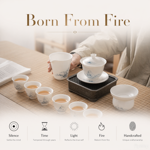 Bai Ru's hand-drawn depiction of distant mountains  a symbol of good fortune gaiwan set porcelain Collection  